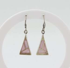 Sterling Silver Pink Mother of Pearl Earrings Dangle Drop 1 1/2" x 1/2"